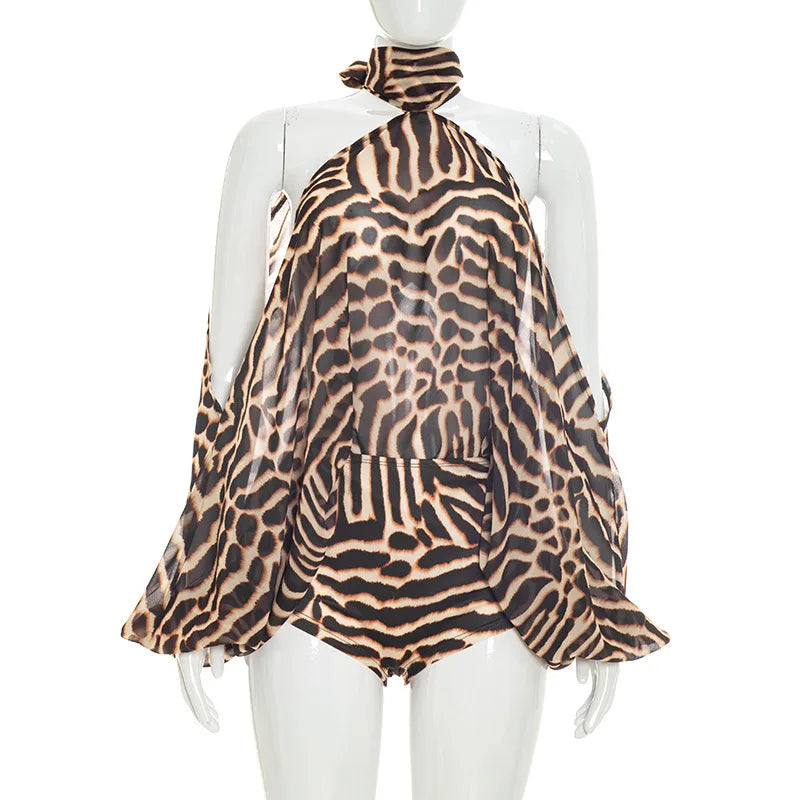 Leopard Print 2 Piece Short Set Women Club Party Outfit Summer Halter Off Shoulder Top Shirt Shorts Matching Sets Beach Vacation