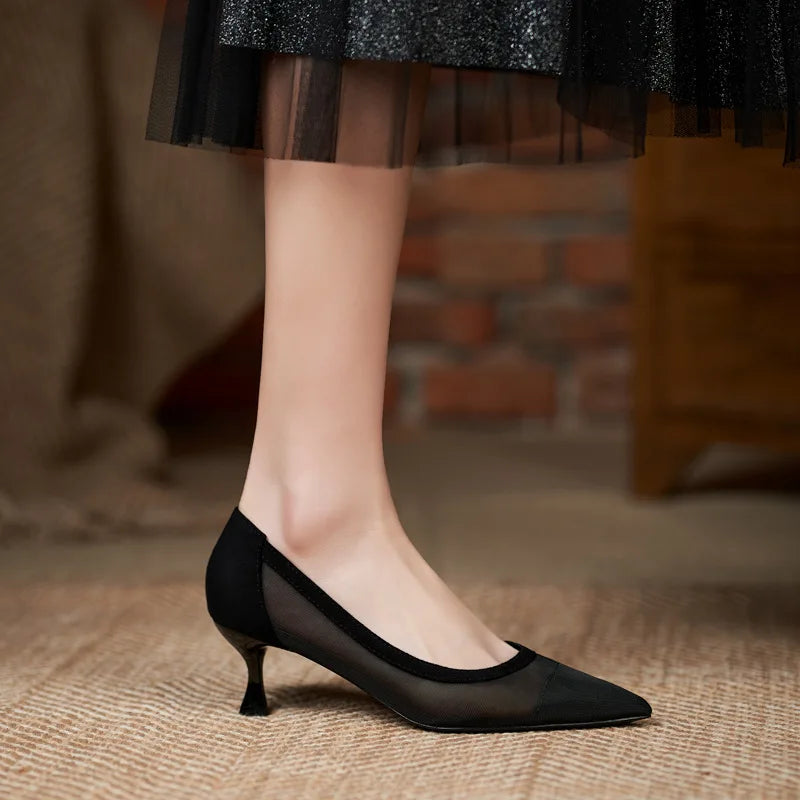 maogu Black Women Pointed Toe High Heel Work Shoes Dot Mesh Vintage Elegant Shallow Stiletto 2023 Spring Summer Thin Heels Pumps