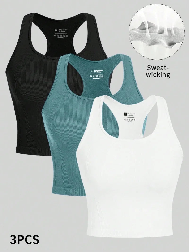 3 Piece Yoga Vest Women Gym Sports Racerback Crop Tops Seamless Streetwear Rib Knit Workout BreathableTank Top Female