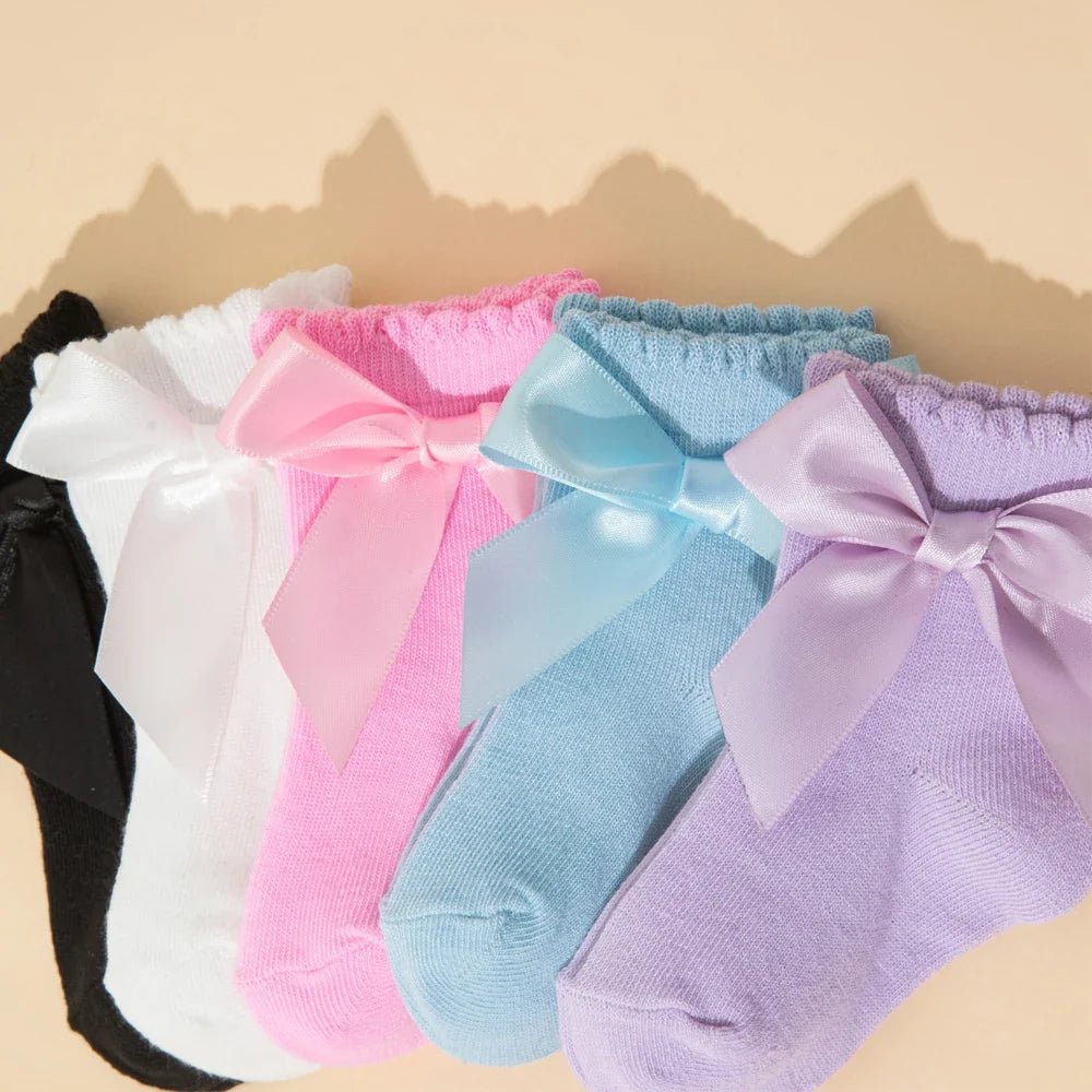 8 Pairs Random Kids Girls Socks With Bow  Breathable Short Socks Multicolor Children Casual Princess Socks