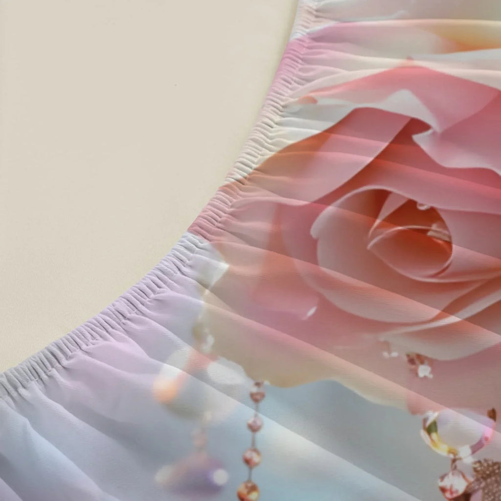 1pc 3D Pink Roses with Crystal Bead Print Fitted Sheet Deep Pocket Elastic Mattress Cover Single Double Queen King Bedroom Decor
