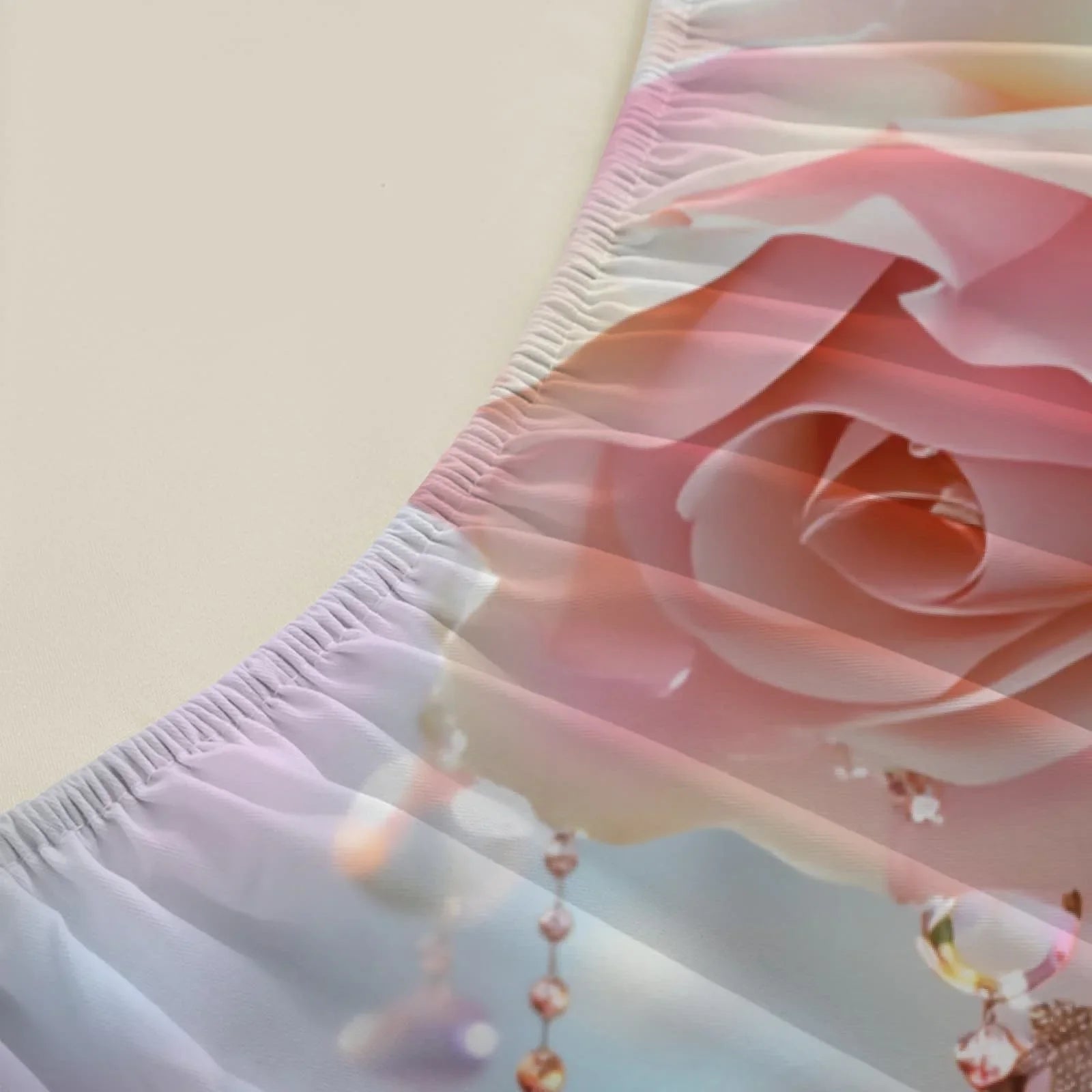 1pc 3D Pink Roses with Crystal Bead Print Fitted Sheet Deep Pocket Elastic Mattress Cover Single Double Queen King Bedroom Decor