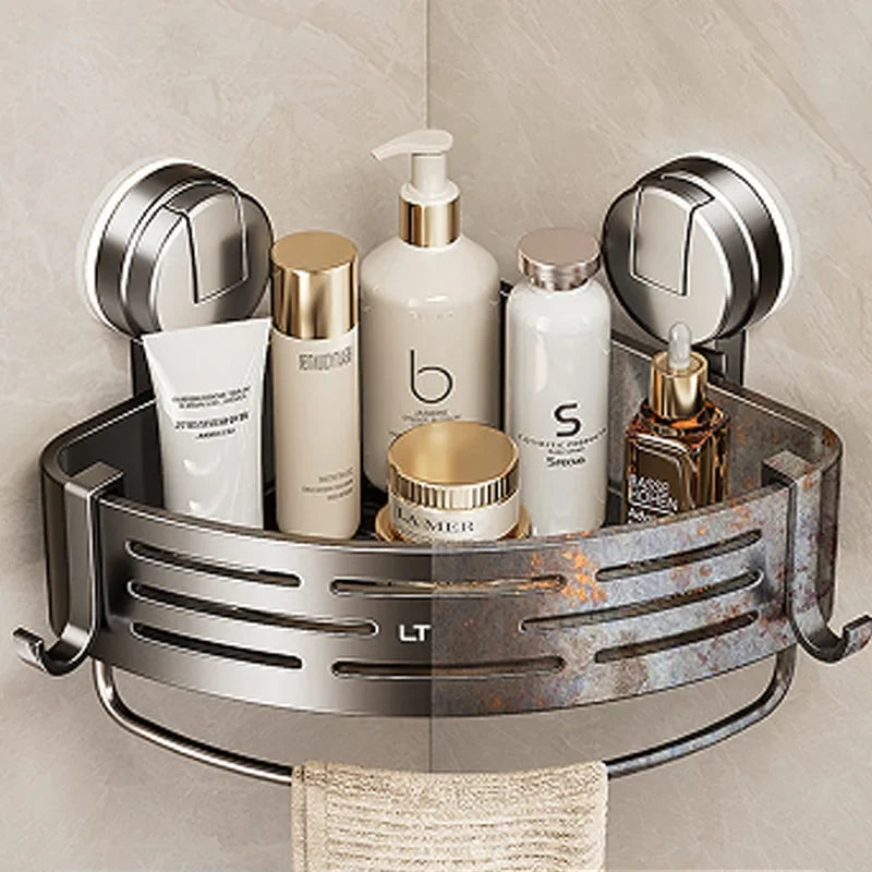 1-Pack Suction Cup Corner Shower Shelf - Stainless Steel, No-Drill, Anti-Rust, with Hooks for Bathroom Toiletries & Shower Gel