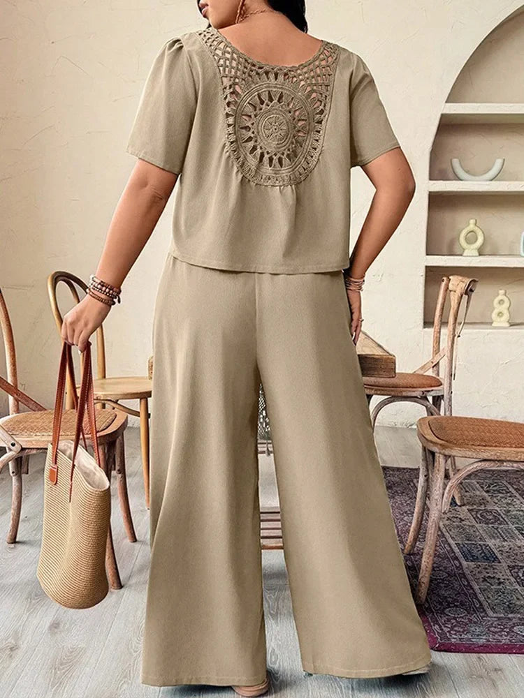 GIBSIE Plus Size Khaki V-neck Short Sleeve Lace Up Top Casual Vacation Wide Leg Pants Women Summer Two Piece Set Female Outfit
