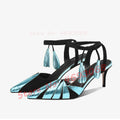 Golden Leaves Wrapped Heeled Sandals Women Fashion Metallic Leather Pointed Toe Shoes Sexy Two Tone Lace Up Fringes Sandals