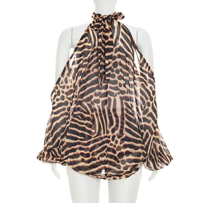 Leopard Print 2 Piece Short Set Women Club Party Outfit Summer Halter Off Shoulder Top Shirt Shorts Matching Sets Beach Vacation