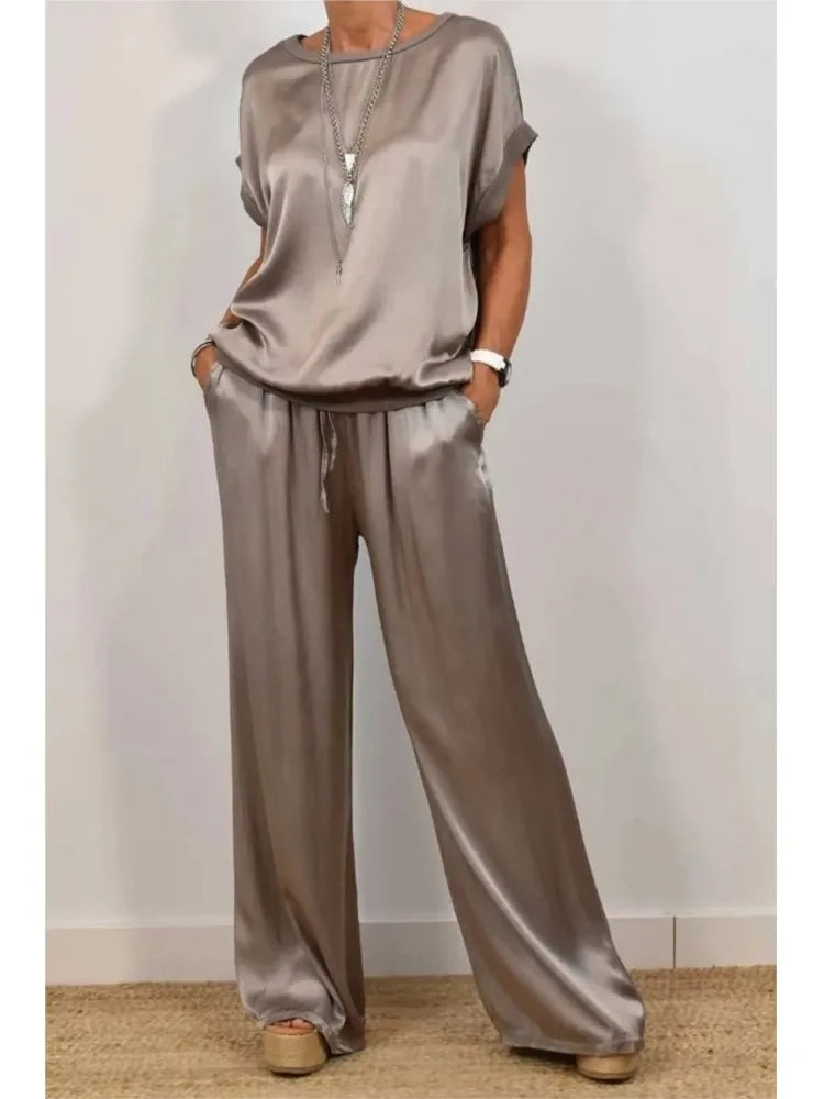 2-piece Set Fashion Satin O Neck T-shirt Top Trousers Summer Retro Elegant Casual Loose Wide-leg Pants Female Home Clothing Suit
