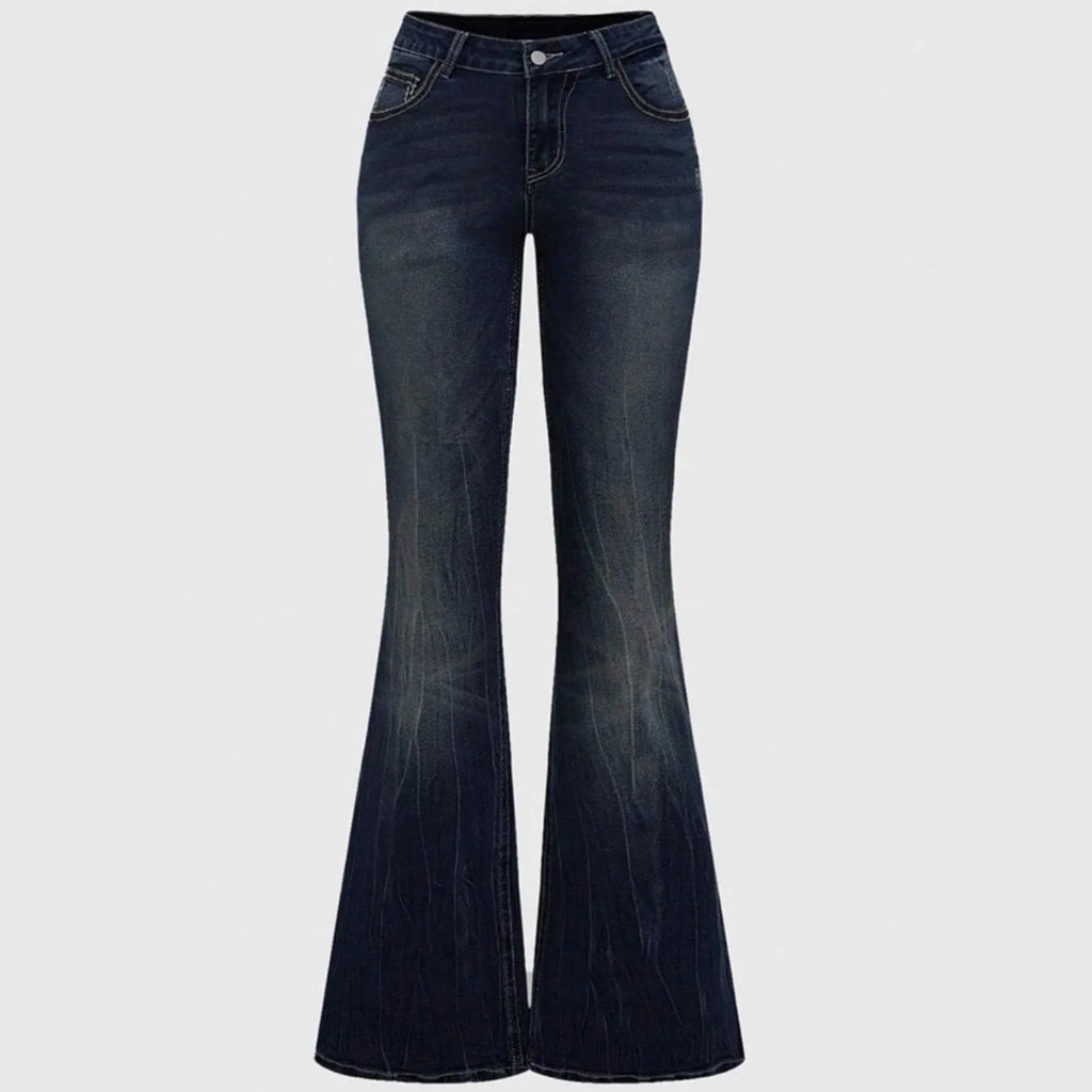 2026Trendy Y2K Style Flare Jeans for Women Dark Wash Skinny Fit with Rhinestone Embroidery Pocket Streetwear Casual Denim