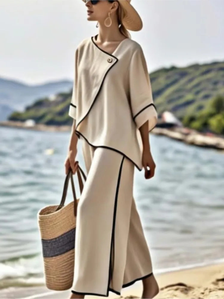 Women Loose Striped Print Split Wide Legs Pants Two Piece Sets Spring Elegant Slanted Short Sleeves Set Office Ladies 2Piece Set