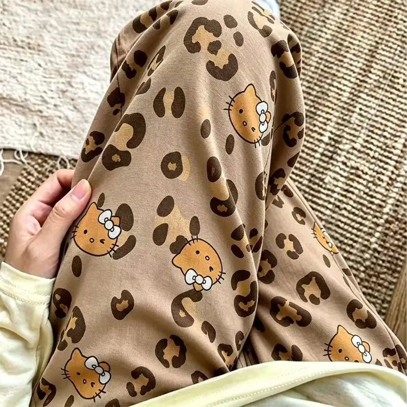 Cartoon Hello Kitty Spring Summer Leopard Print Wide Leg Pajama Pants Soft Casual for Women Loungewear Long Or Short Options