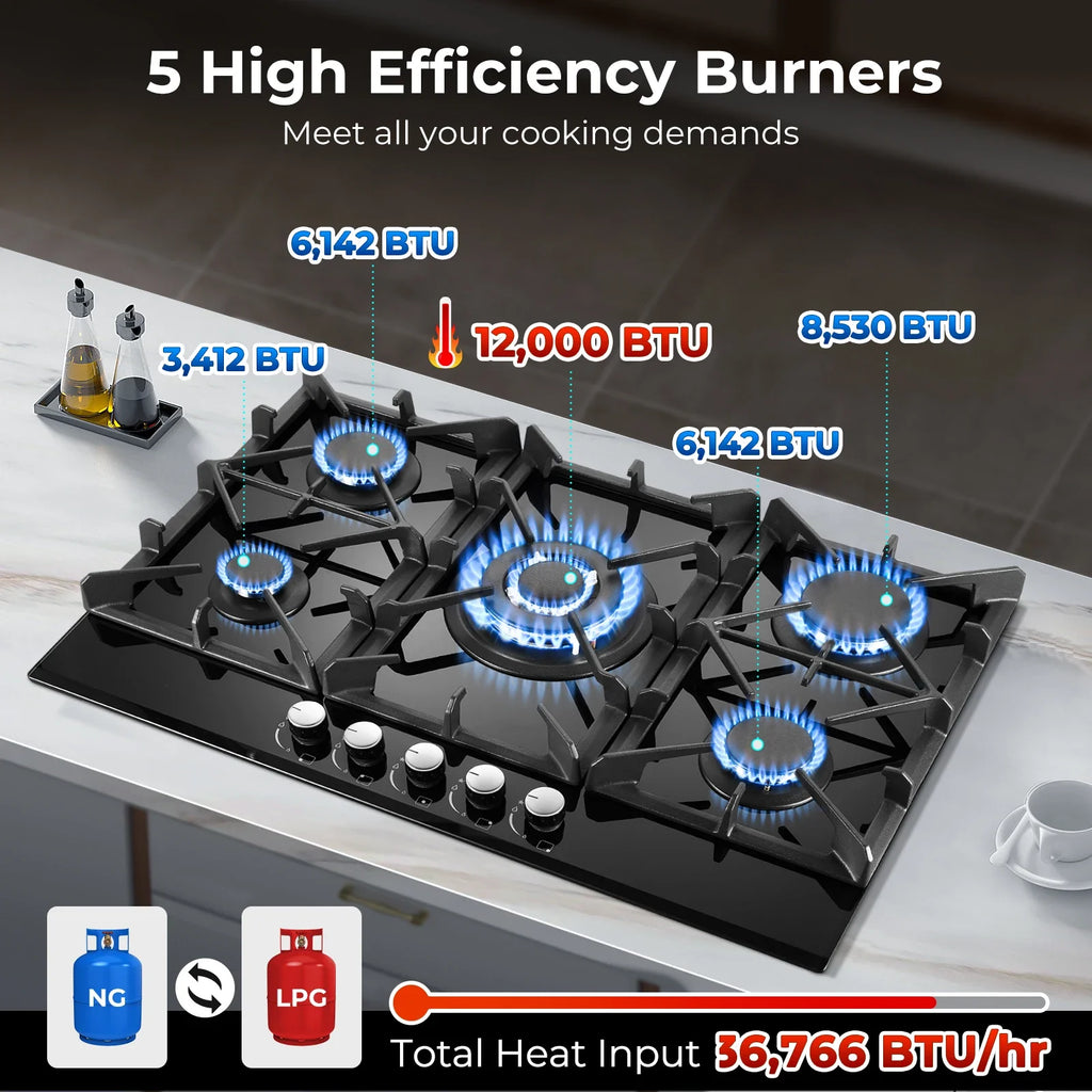 Tieasy Five-Burner Gas Cooktop Built-In NG LPG Thermocouple Protection