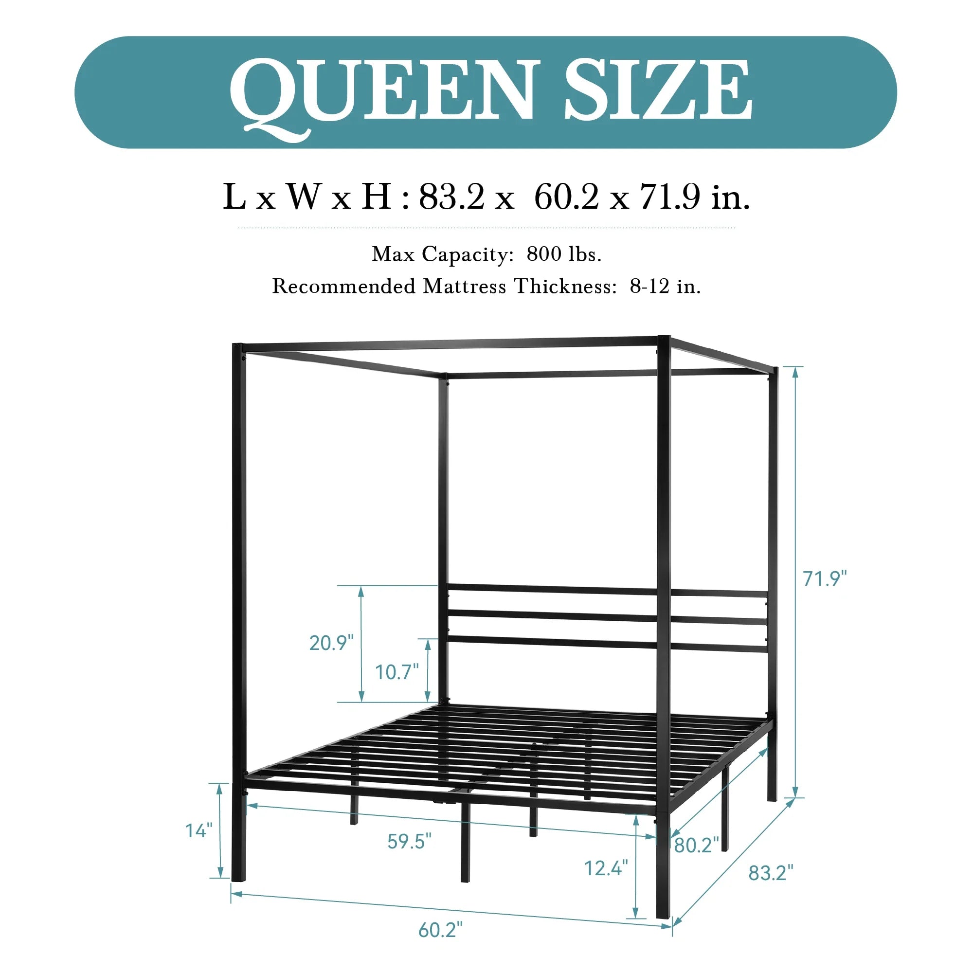 Hoomich Canopy Bed Frame Four Poster Metal Crossbar Easy Assembly