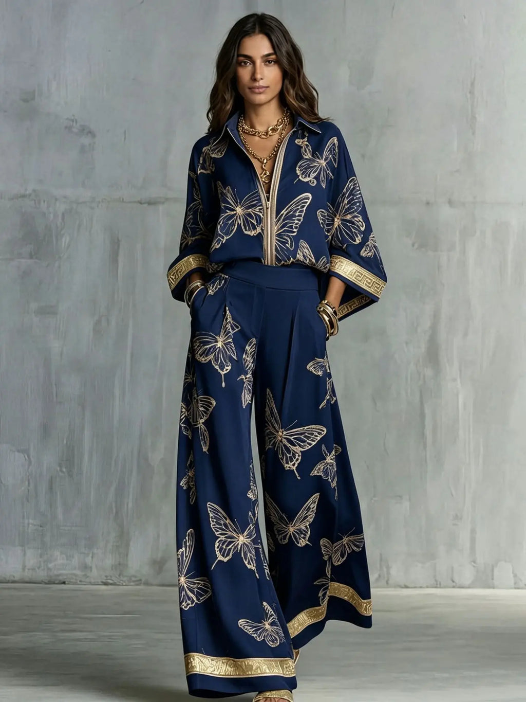 Fashion Set For Women Autumn 2026 New Loose Lapel Zipper Long Sleeve Coat Top Wide Leg Pants Two Piece Set Leisure Print Outfits