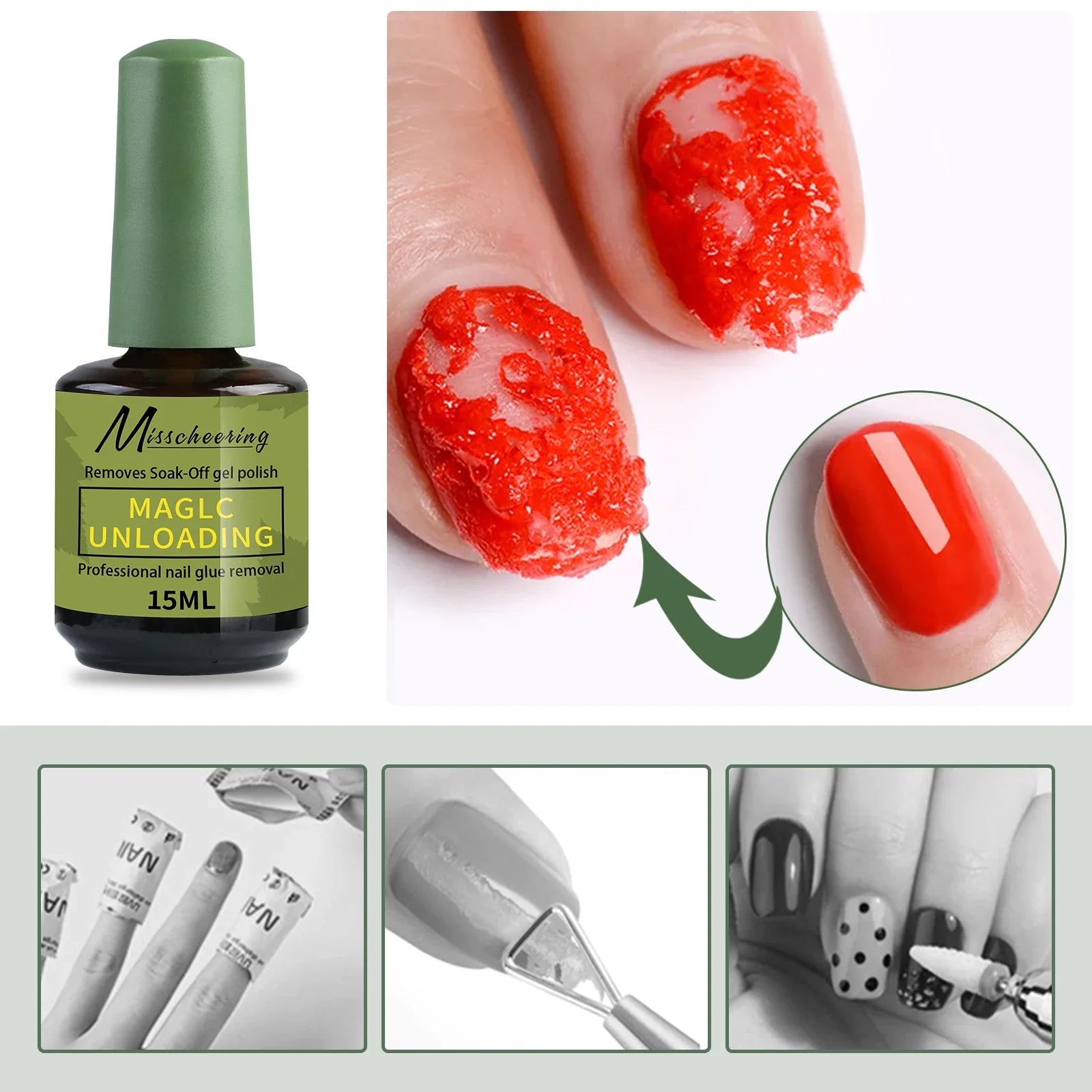Misscheering 15ml Magic Fast Nail Gel Polish Remover Clean UV Soak Off Semi Permanent Varnish Nail Art Removal Tools Manicure