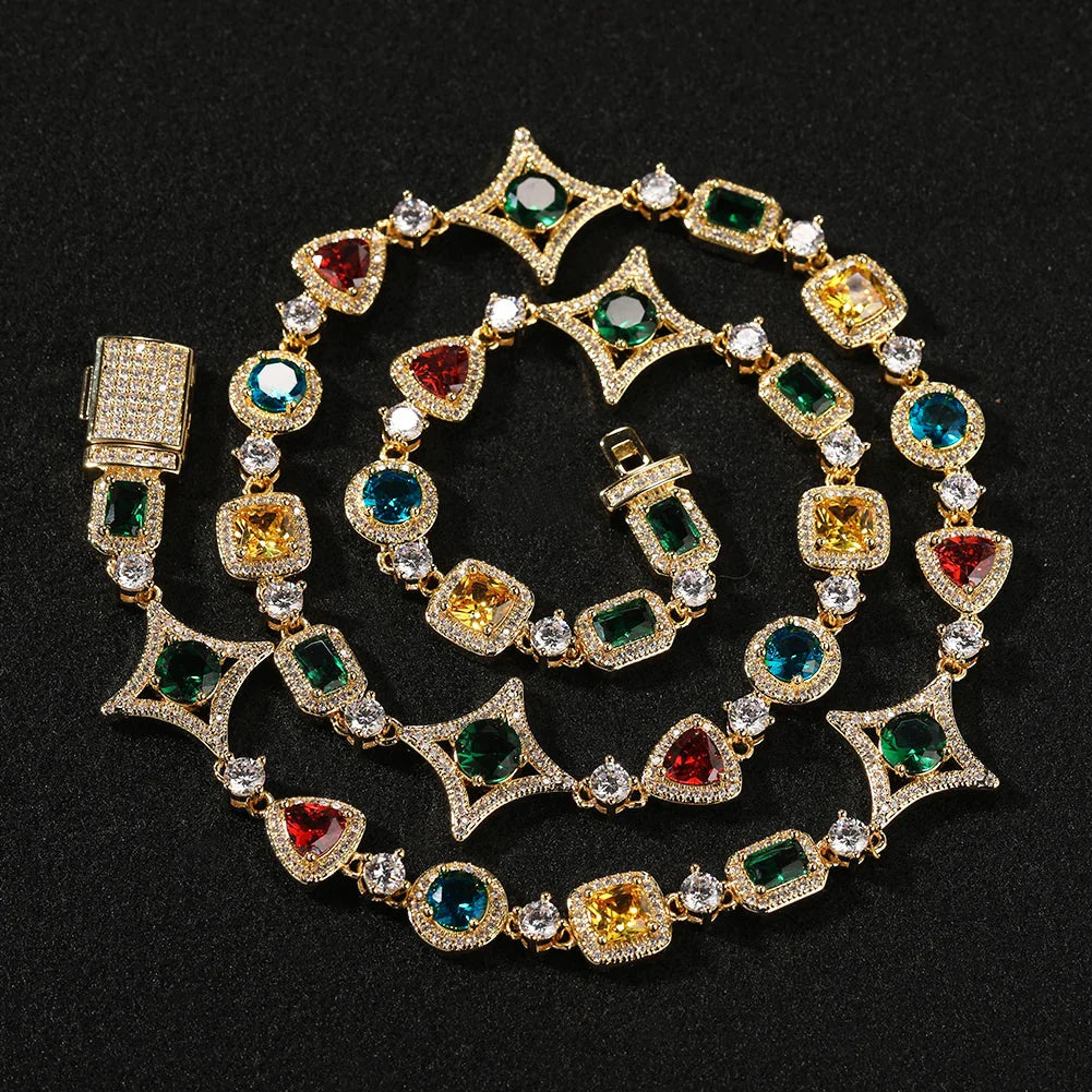 Iced Out Rainbow Necklace Women Heart/Star/Square Gemstones Link Chain Bracelets Fashion Jewelry