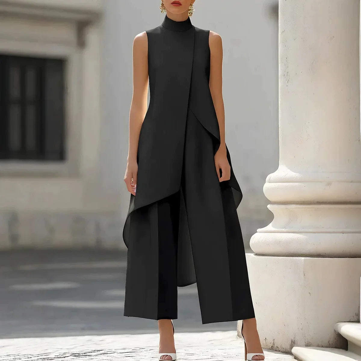 Women High Neck Sleeveless Asymmetric Tunic Wide Leg Pants Set Elegant Formal Business Office Two Piece Outfit