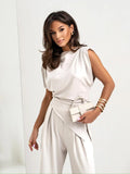 Plus Size New Women Fashion Solid Color O Neck Sleeveless Top + Pants Suit