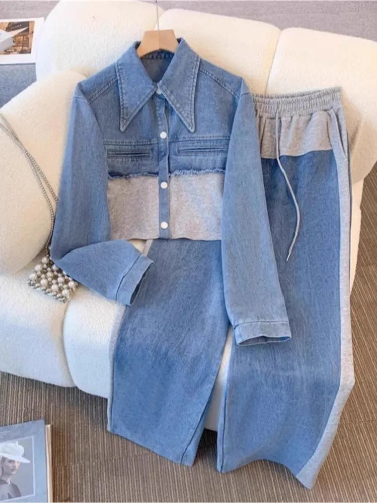 Blue Patchwork Pants Sets Women Fashion Long Sleeve Single-breasted Short Jacket Straight Trousers Two Piece Set Female New