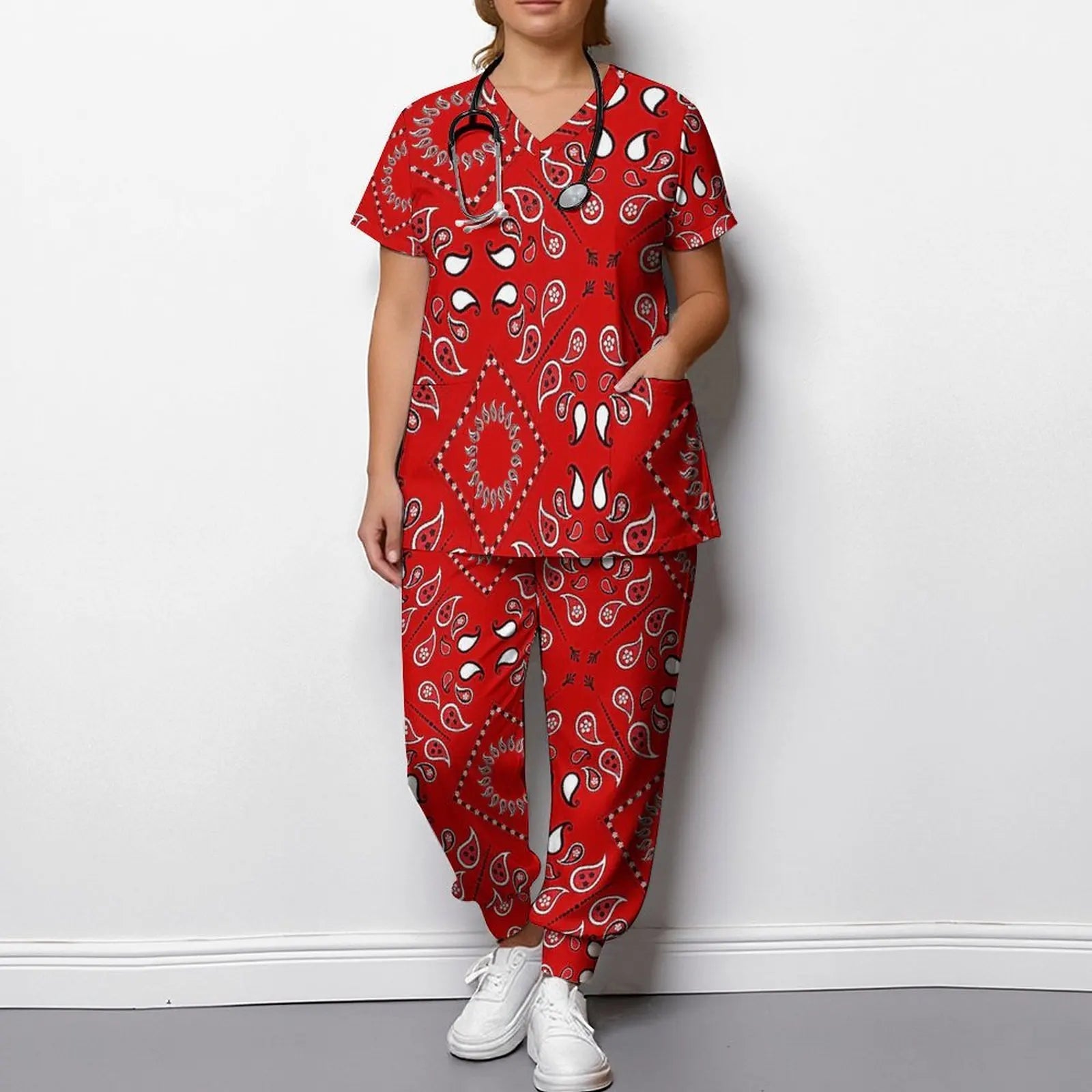 Plus Size Fashion Print Two Piece Set for Women Exercise V-Neck T-shirt Casual Commuting Jogging Pants