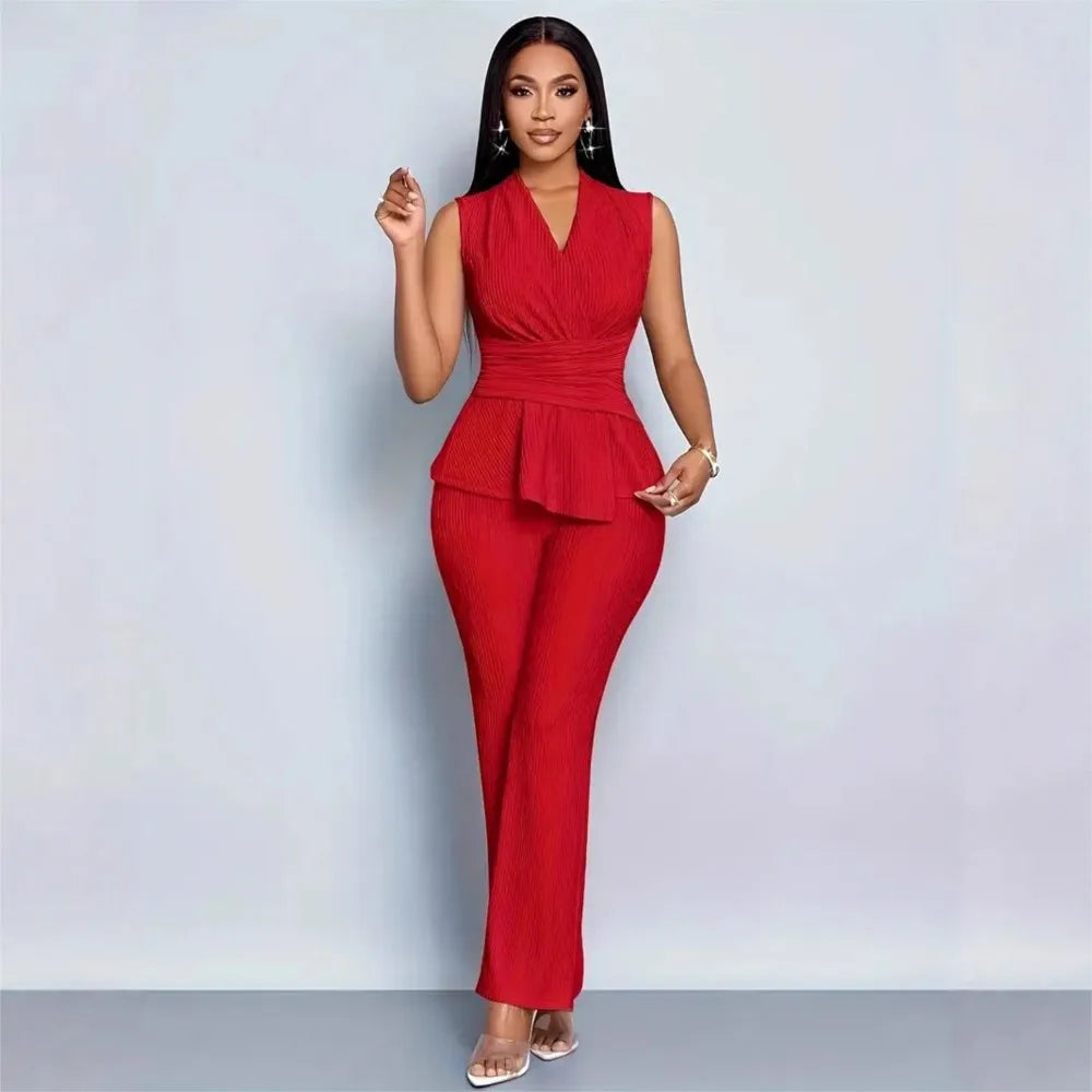 New Spring Summer Women's Trousers Two-piece Elegant Slim V-neck Sleeveless Irregular T-shirt Wide-leg Pants Office 2-piece Set