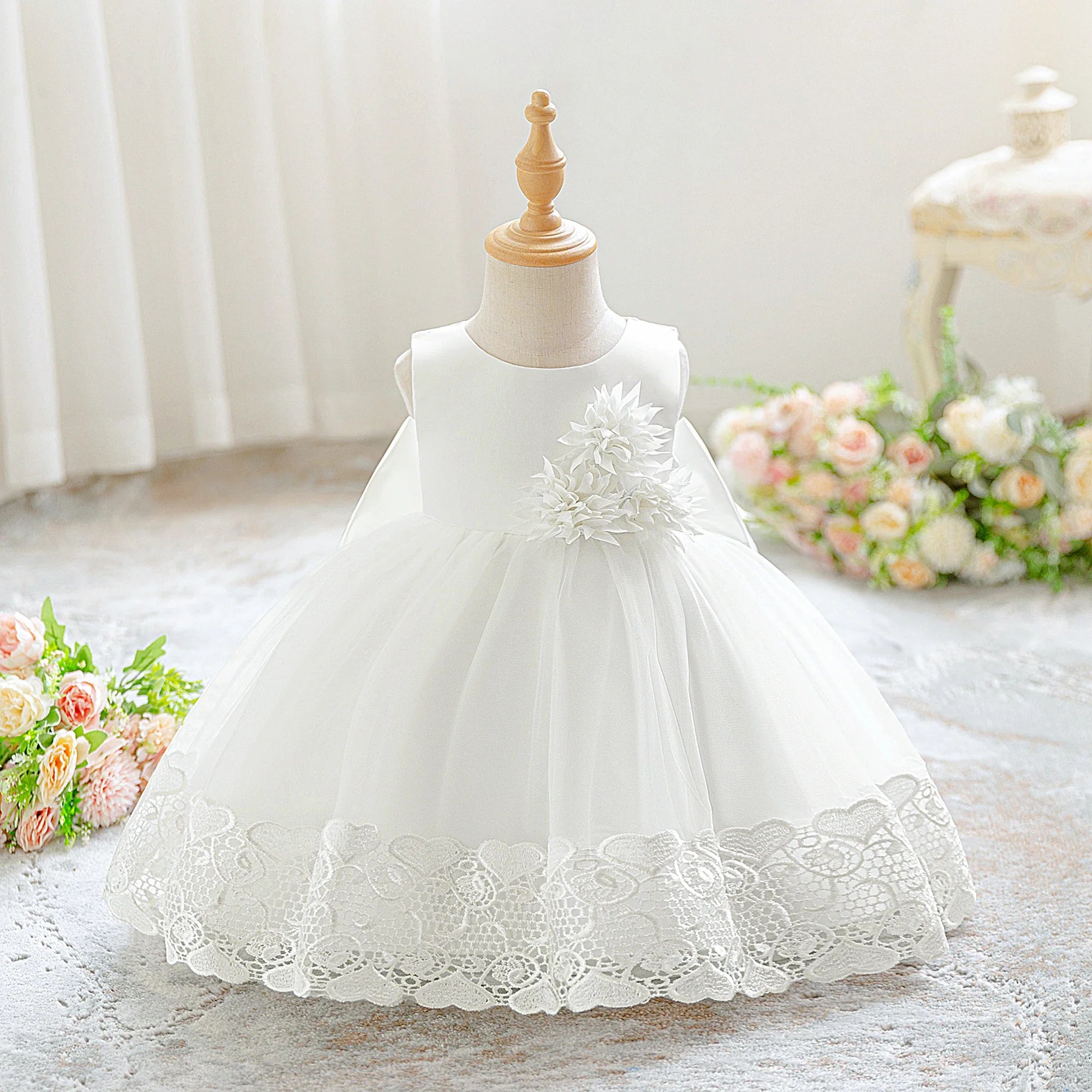 Toddler Flower Baby Wedding Princess Girls Dress Elegant Tulle Bridesmaids 1st Birthday Party Dresses Baby Bow Baptism Costumes