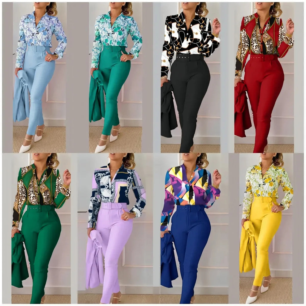 Women Shirt Pants Set Autumn Elegant Fashion V Neck Floral Print Long Sleeve High Waist Office Lady Casual Trousers Suits