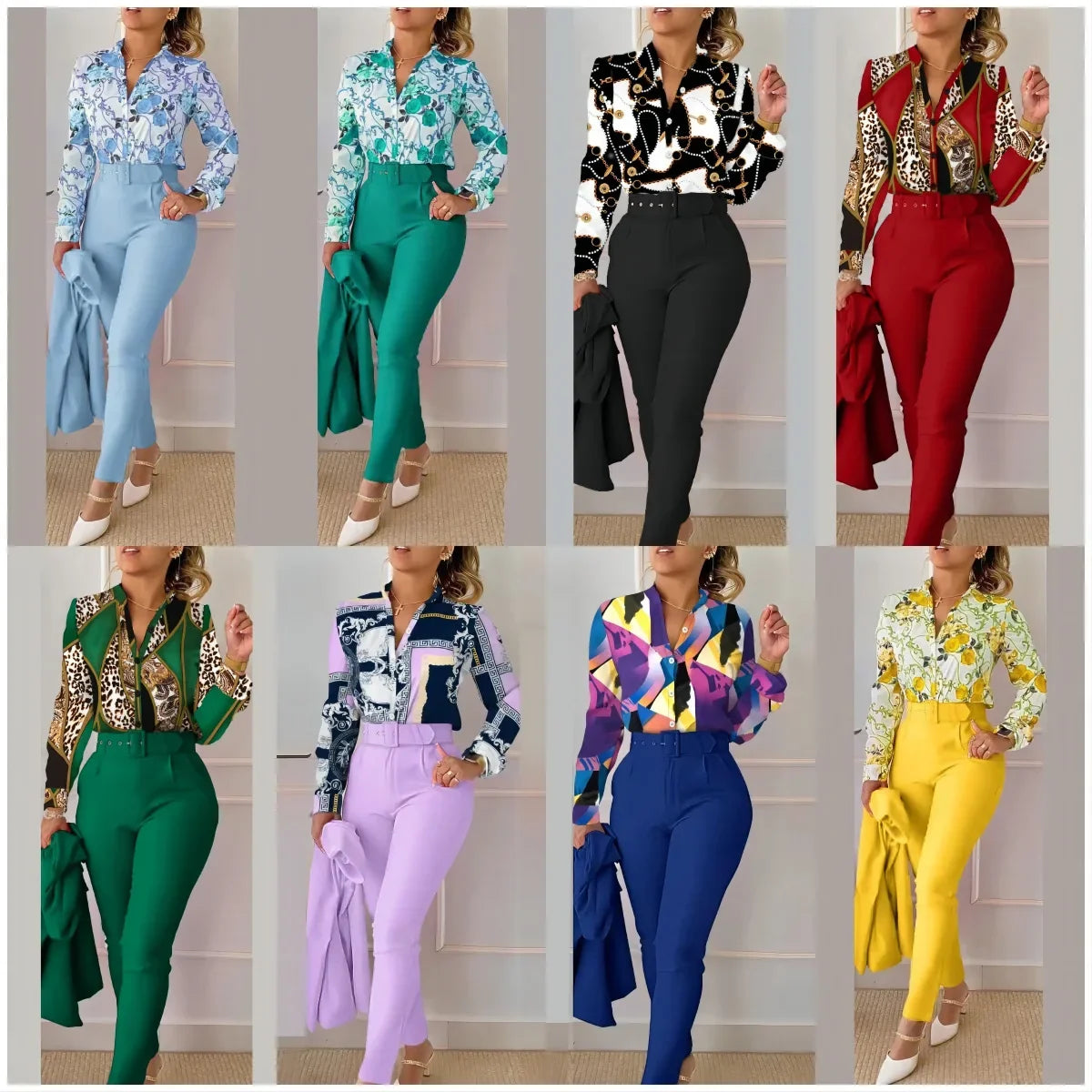 Women Shirt Pants Set Autumn Elegant Fashion V Neck Floral Print Long Sleeve High Waist Office Lady Casual Trousers Suits