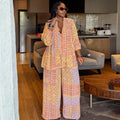 Elegant African Fashion Vintage Ethnic Printed Women Two Piece Set V Neck Long Sleeve Loose Top And Wide Leg Pants Set