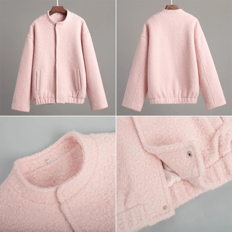 Talenza Women's Pink Short Fur Jacket Autumn Loose Fashion Long Sleeve Jacket Top Casual Stand Collar Pocket Button Warm Jacket
