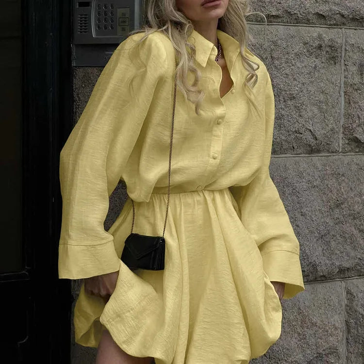 2026 Spring Summer New Casual Fashion For Women With Turn-Down Collar Long Sleeve Cardigan Top And High Waist Puff Skirt