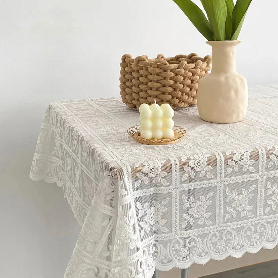 One Antique Embroidered Lace Tablecloth - Solid Color Elegant Flower Cut Process Polyester Square Tablecloth, 100% Polyester