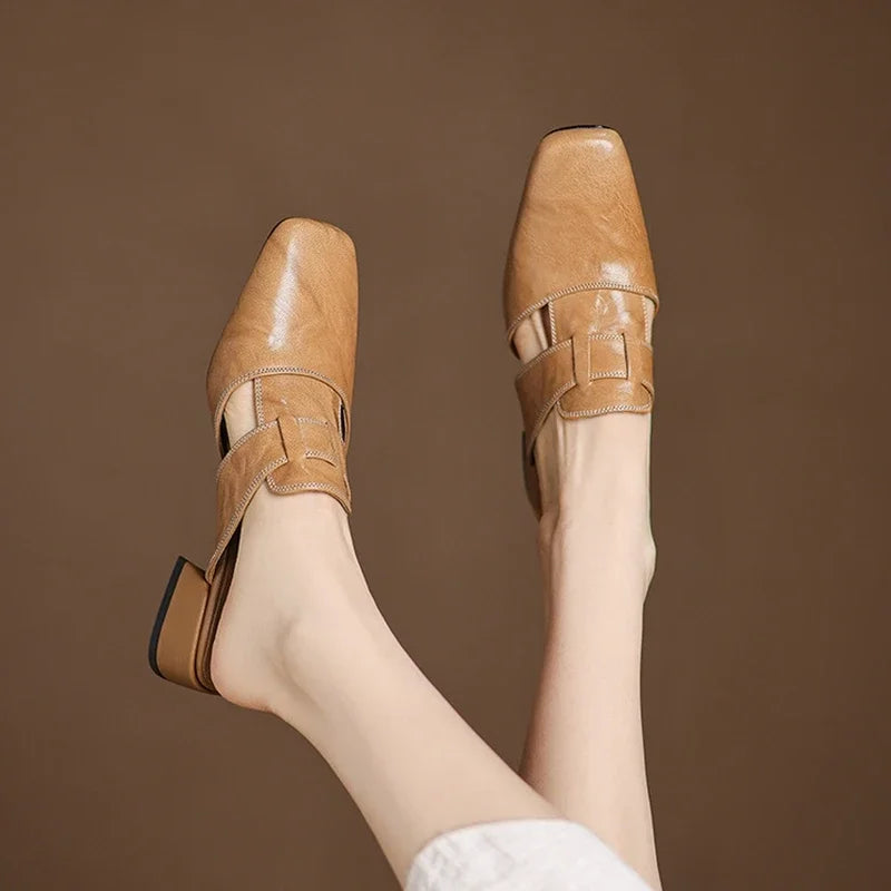 2026 Outside Summer Women Mules Genuine Leather Women Shoes Cover Toe Chunky Med Heel Slippers Concise Modern Slippers Sandals