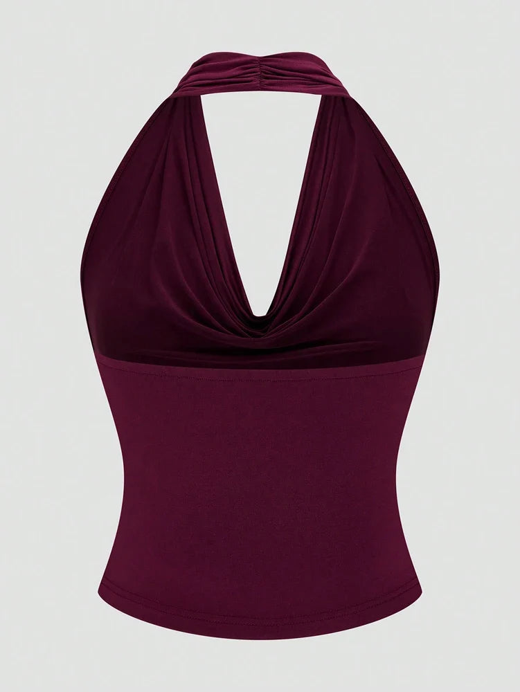Plus Size Ms. Burgundy Sexy Romantic Urban Woman Sleeveless Neck Swing Neck Top + Split Half Skirt Long Skirt Two Piece Set