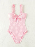 Light Pink One Piece Swimsuit for Women High Waist Hollow Out Ruffle Suspender Backless Monokini Bikini Beach Swimwear 2024 New