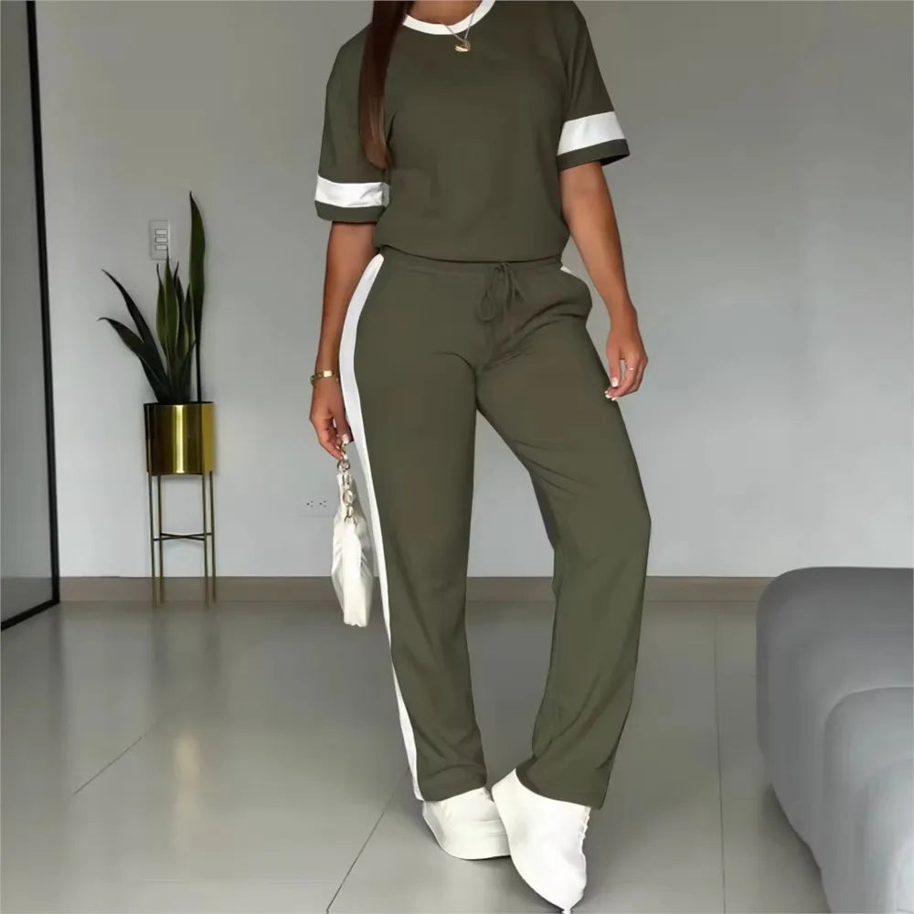 Spring Summer New Casual Sports T-shirt Short-sleeved Suit Women Fashion Splicing Side Stripes Simple Trousers 2 Piece Set 2026