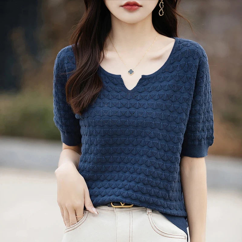 Women's T-shirt Summer New 100% Pure Cotton Tees Casual Solid Knitted Short sleeved V-neck Pullover Loose Tops Fashion Sweater
