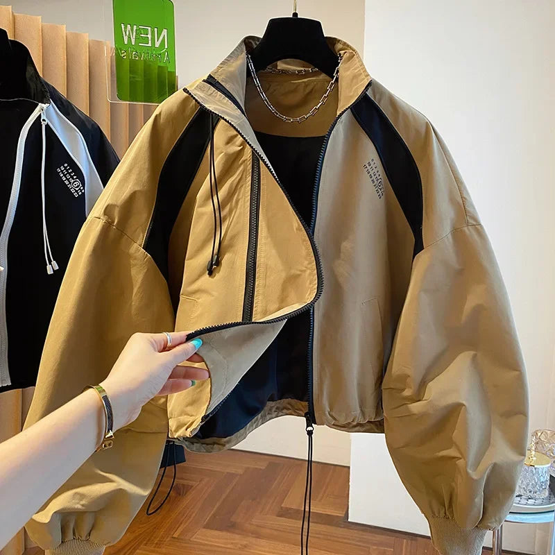 Design  niche loose casual stand up collar trench coat, women's spring and autumn short jacket double zipper
