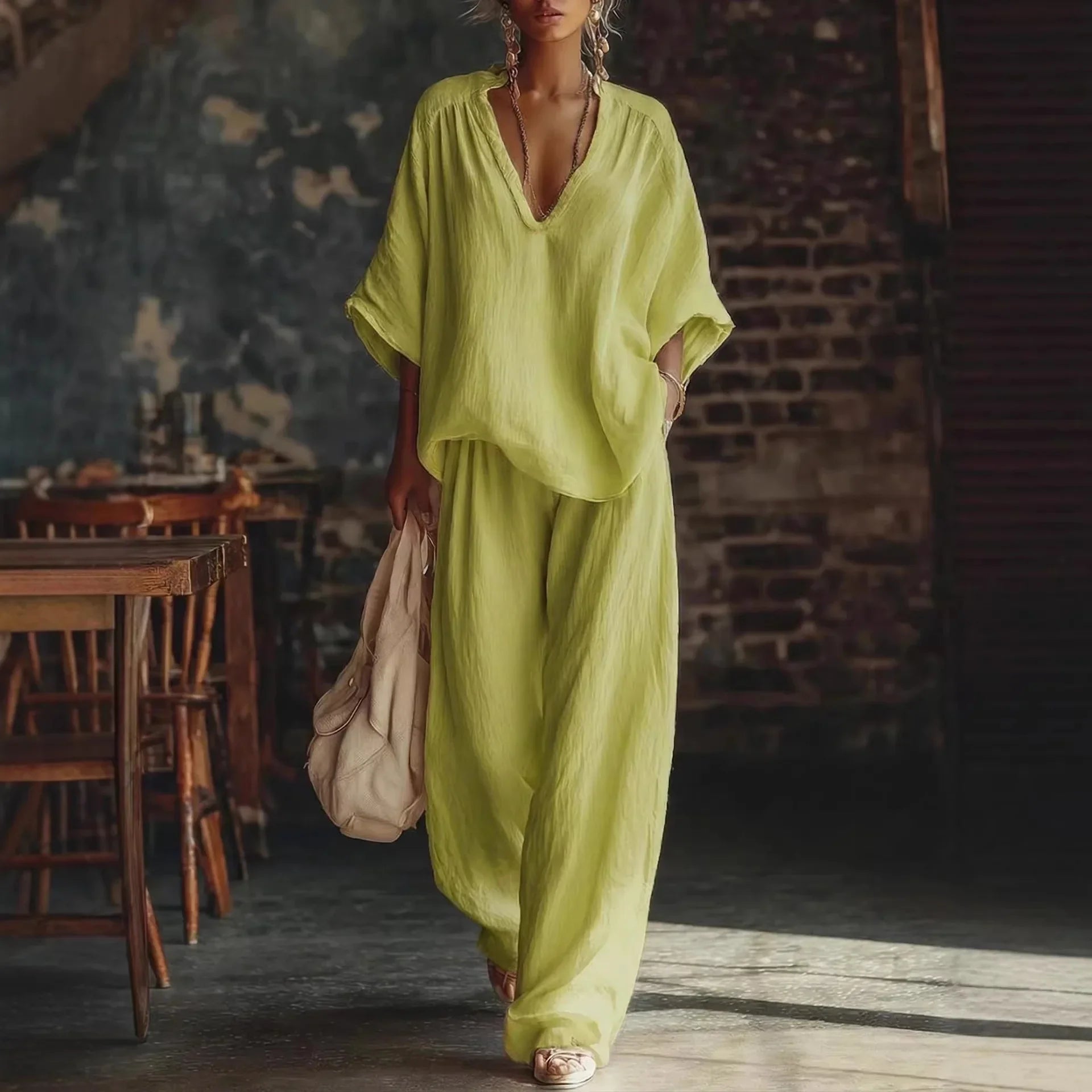 Fashion V Neck Short Sleeve Top Suit Women's Set Spring Summer Loose Blouse Top Wide Leg Trousers Female Vacation 2 Piece Set