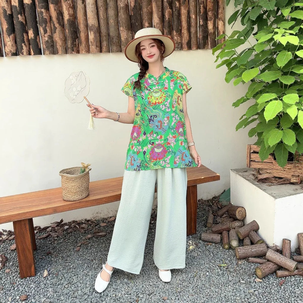 Summer Cotton-silk blend Cheongsam 2 Pcs Set Loose Short Sleeve Frog Closure Tops and Wide leg Pants New Chinese Style Plus size