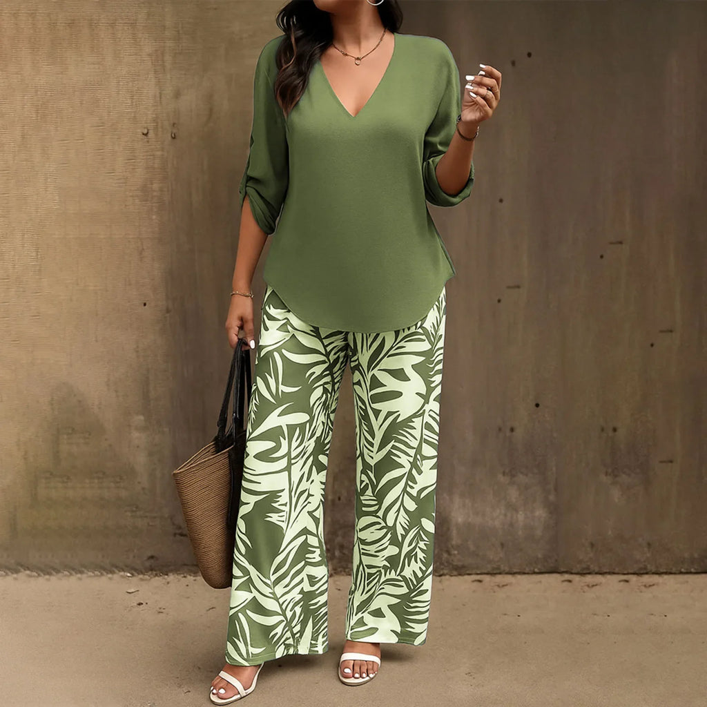 Women Solid V Neck Long Sleeve Digital Print Pants Two Piece Set Casual Stylish Matching Outfit for Daily Outdoor Lounge Wear