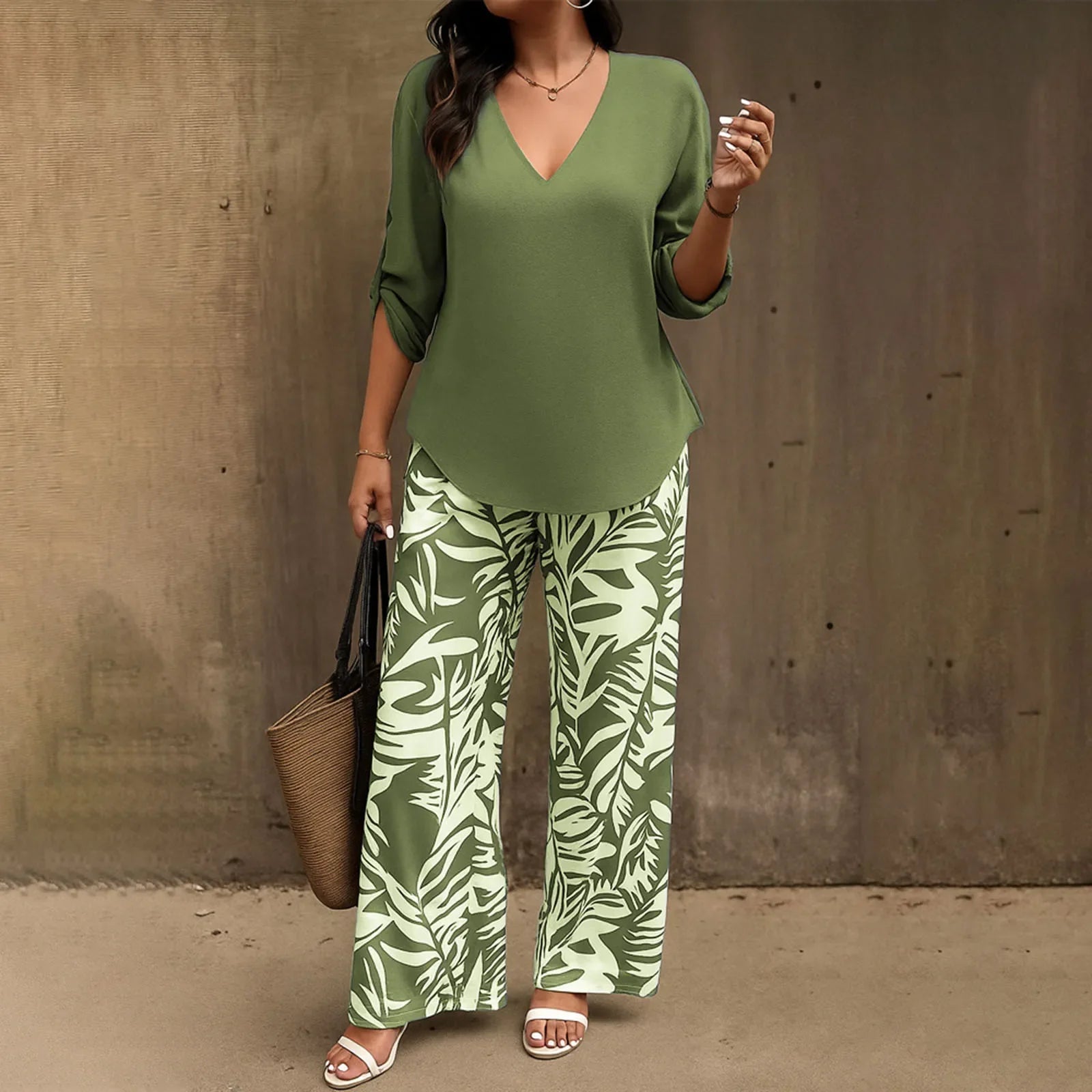 Women Solid V Neck Long Sleeve Digital Print Pants Two Piece Set Casual Stylish Matching Outfit for Daily Outdoor Lounge Wear