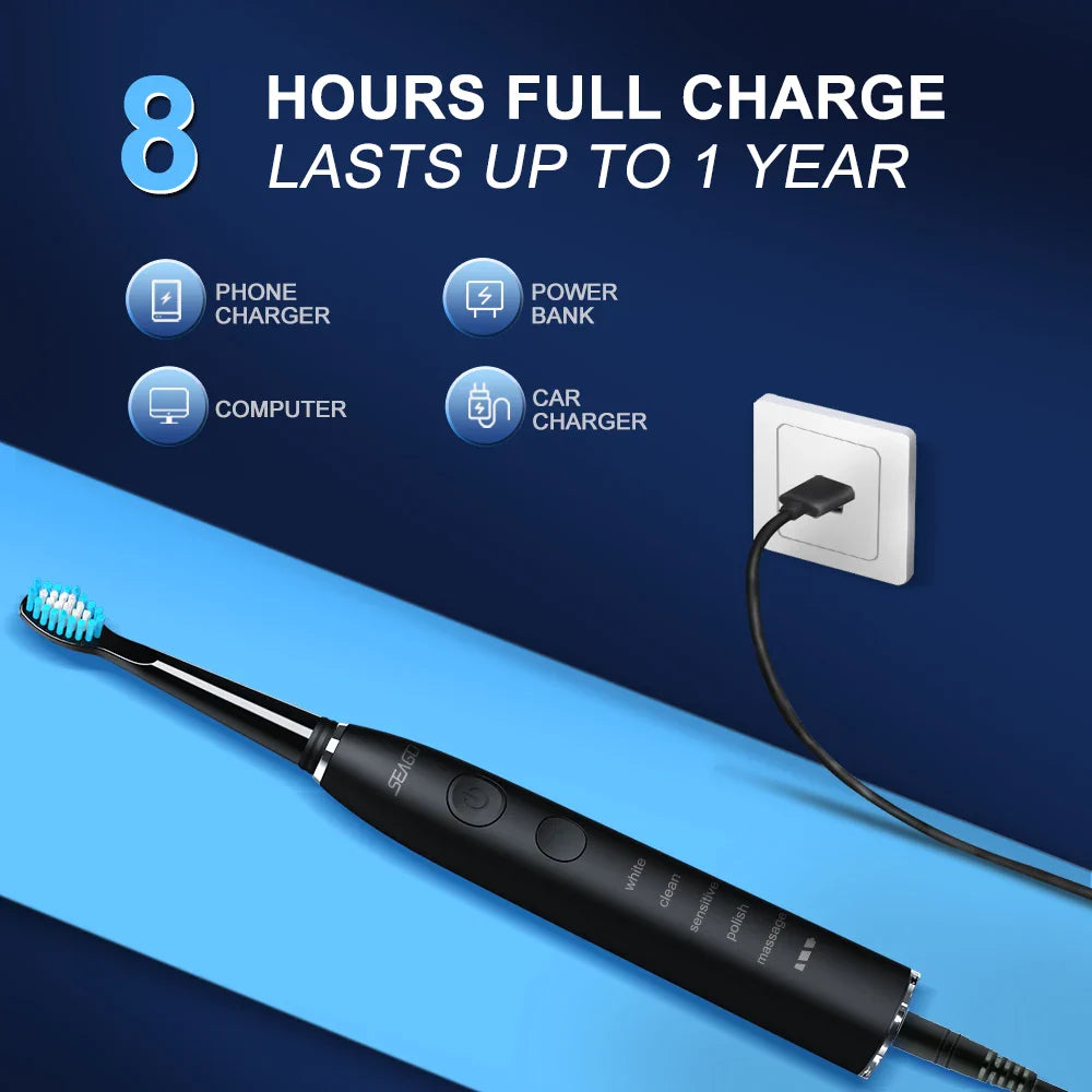 Seago Electric Toothbrush USB Rechargeable Adult 360 Days Long Battery Life IPX7 4 Replacement Heads Travel Box  SG-575