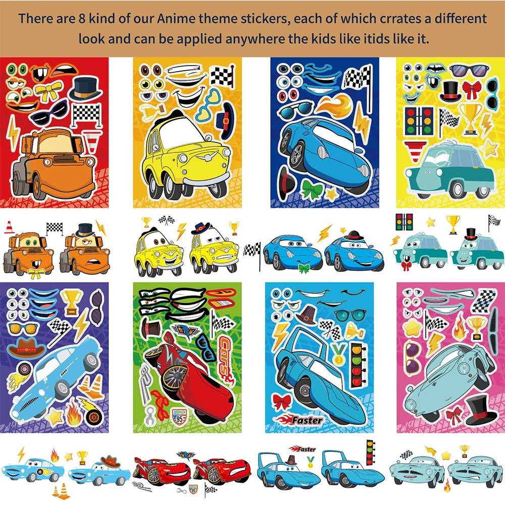 8/16Sheets DIY Race Car Make a Face Puzzle Stickers Boys Toy Create your own Cars Assemble Jigsaw Funny Party Game Children Gift
