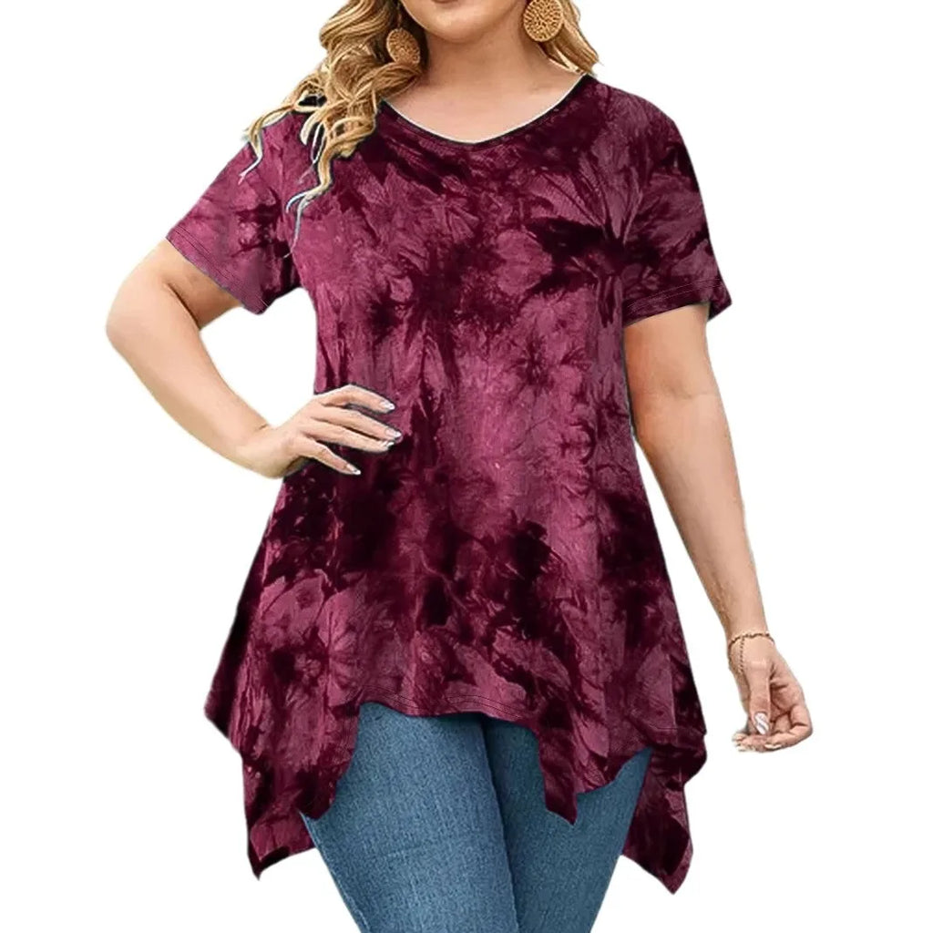 5XL Plus Size Woman Clothing Tie Dye Short Sleeve T-Shirt Casual New V Neck Irregularity Tops Big Size Ladies Loose Tops Long