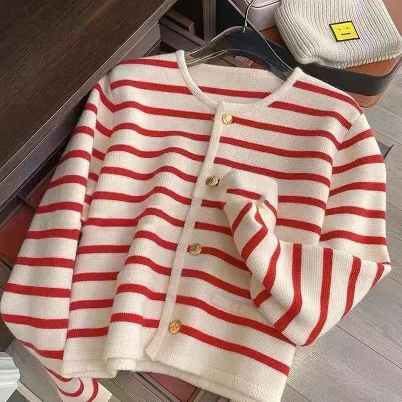 Stripe Knitted Cardigan Women Spring Autumn O-neck Single Breasted Long Sleeve Crop Tops Fashion Casual Chic Female Sweaters