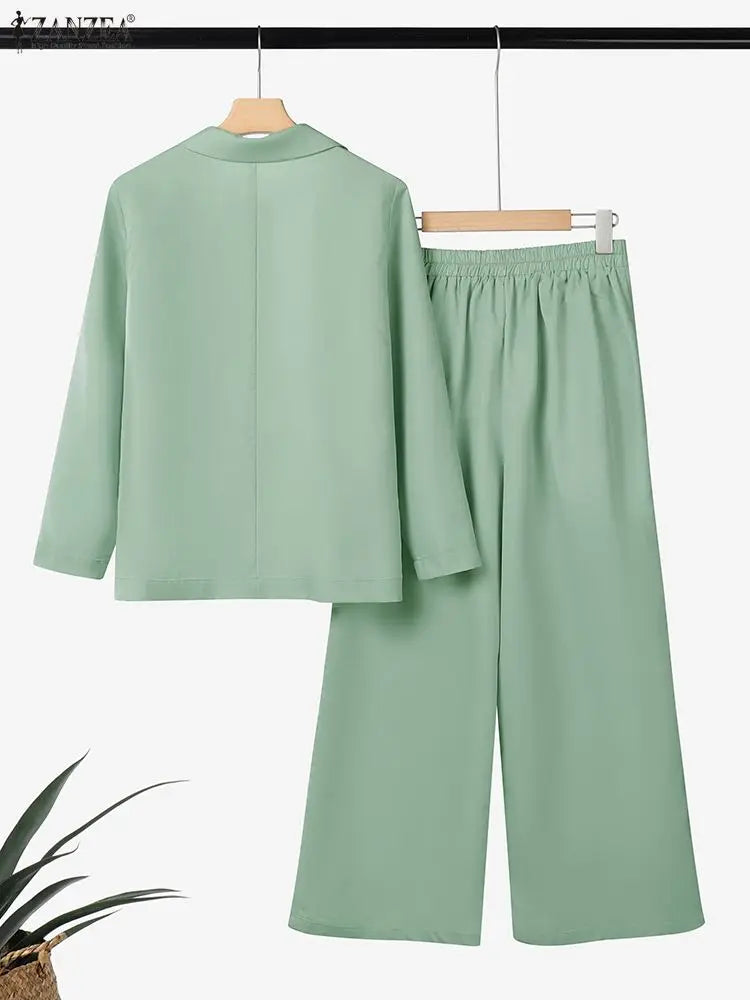 ZANZEA 2026 Spring Outfits Office Women 2 Piece Sets Stylish Lapel Long Sleeve Blazer Coats Pant Sets Elegant OL Work Tracksuit