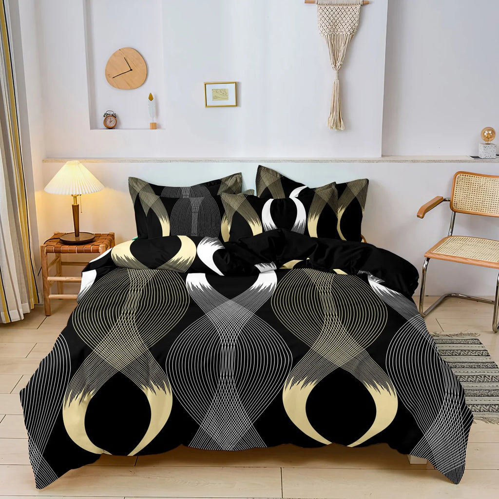 3Pcs Botanical Geometric Lines Floral Design Bedding Set Included 1 Duvet Cover & 2 Pillowcases For All-Season Home Dorm Decor