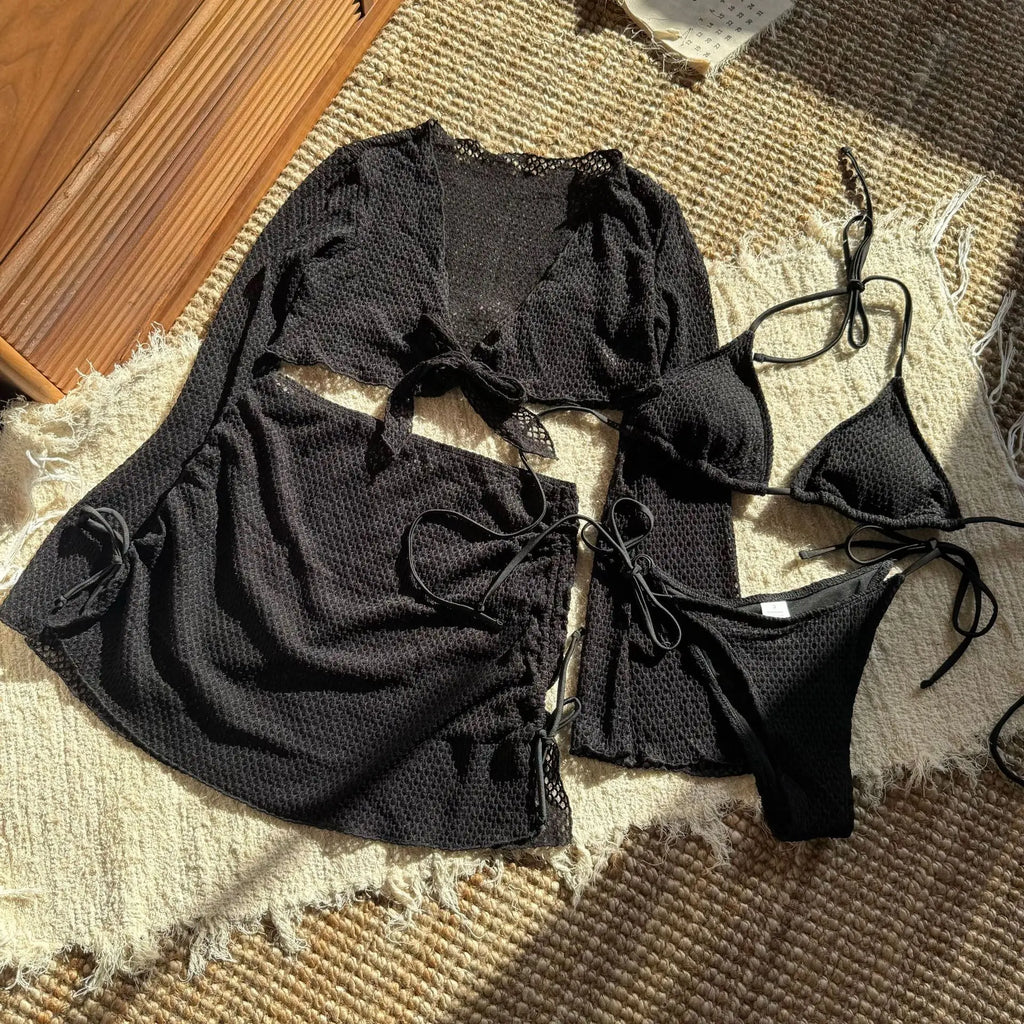 Summer Holiday 4 Piece Bikini Set 2025 Women Sexy White Long Sleeve Cover Up and Skirt Swimsuit Beach Bathing Suit Pool Swimwear