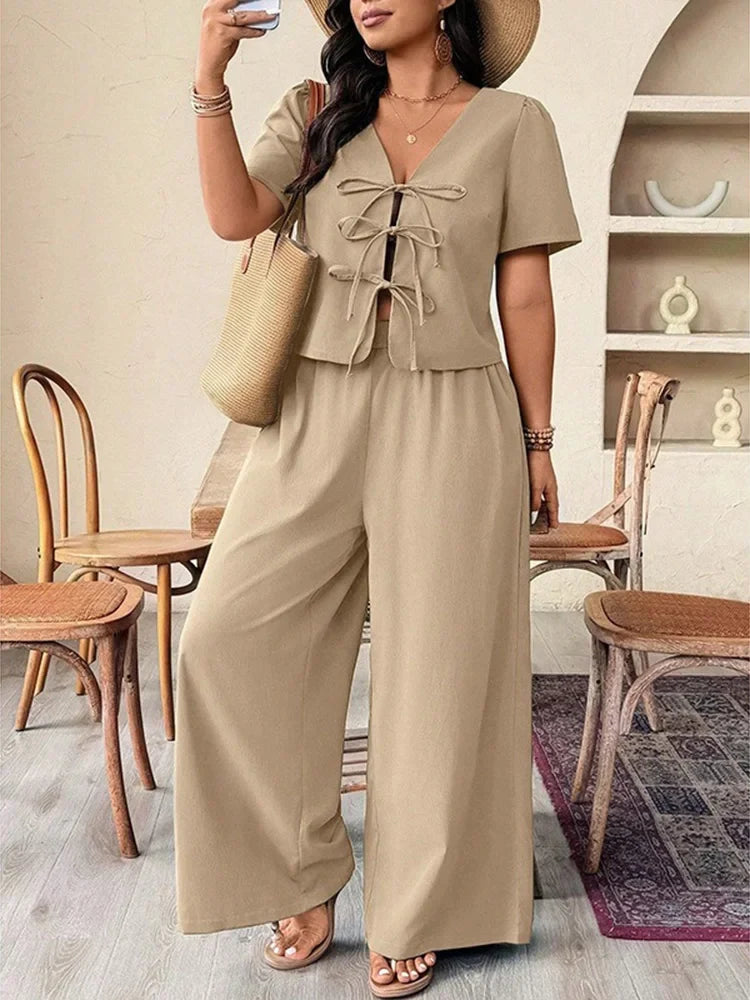 GIBSIE Plus Size Khaki V-neck Short Sleeve Lace Up Top Casual Vacation Wide Leg Pants Women Summer Two Piece Set Female Outfit