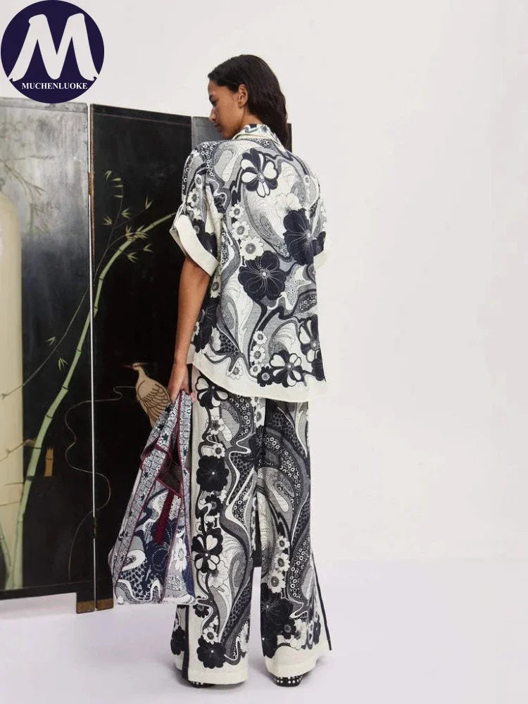 Women's Summer Versatile 2-Piece Set Printed Short Sleeve Shirt Top with Loose Wide Leg Pants Casual Fashion Outfit